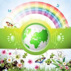 Eco Green  Earth with flowers, butterflies and rainbow