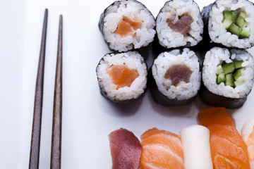 Japanese sushi seafood rolls with rice