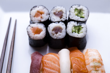 Japanese sushi seafood rolls with rice