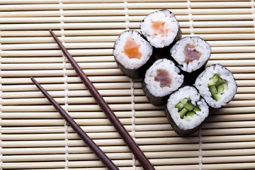 Japanese sushi seafood rolls with rice