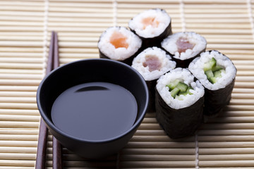 Japanese sushi seafood rolls with rice
