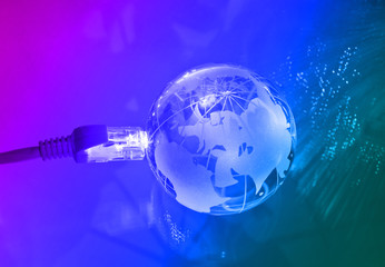 technology earth globe against fiber optic background