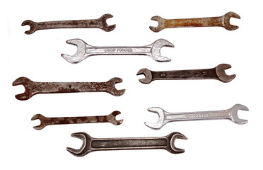 Old rusty wrench, isolated on white background