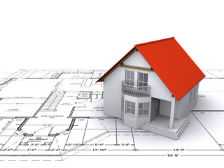 house against background of engineering drawings