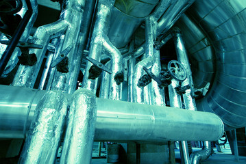 Industrial zone, Steel pipelines in blue tones