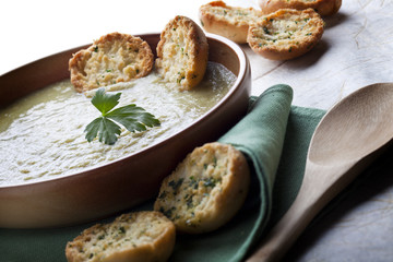 Hot or cold soup made of vegetables.