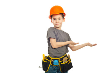Small worker boy making presentation