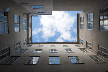 Built in building yard with a view up on the sky