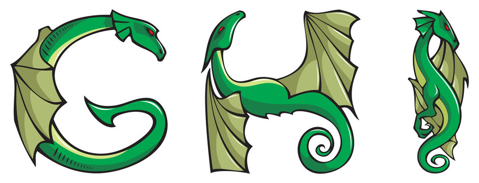 Series of dragons alphabet, G,H,I , fantasy font, vector