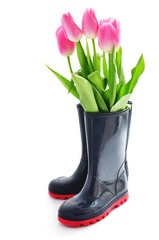 Pink tulips in rubber boots