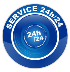service 24h sur 24 sur bouton rond bleu