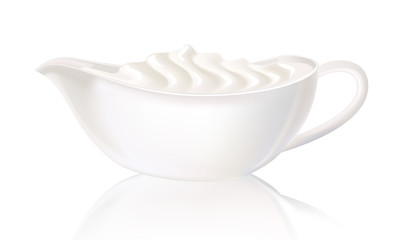 White sauceboat with sour cream. Vector illustration.