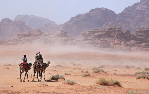 People on camels going through the desert storm
