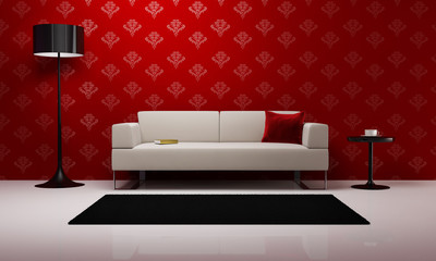 Red stylish interior scene, living room
