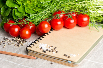 open notebook  with tomatoes, chives and spices