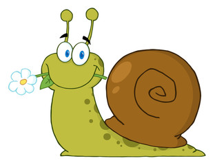Happy Cartoon Snail With A Flower In Its Mouth
