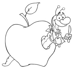 Outlined Happy Cartoon Worm In Apple