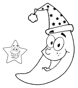 Outlined Happy Star And Moon Mascot Cartoon Characters
