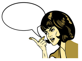 announcement young woman speaking comics book style emblem