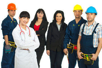 Doctor woman in front of different people