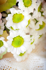 Fototapeta na wymiar Blossom white chrysanths in bouquet