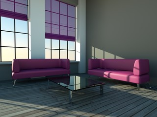 Loft mit lila Sofa und Glastisch