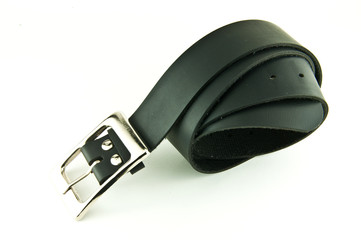 Man's black belt on a white background
