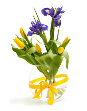 Bouquet of tulips and irises on a white background