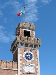 tower of the arsenal of Venice with Italian flag