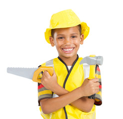 portrait of little builder holding tools