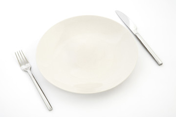 Knife, white plate and fork