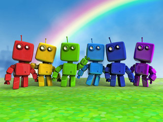 Six 3D Rainbow Robots together on Blue background