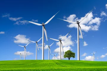 Photo sur Plexiglas Moulins Wind turbines farm on green field