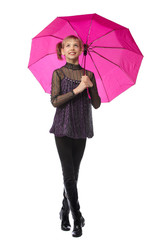 Pretty girl with pink umbrella. Isolated over white