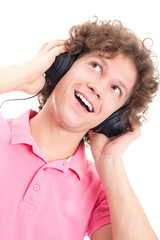 Naklejka premium Surprised curly music lover