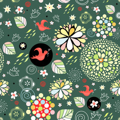 spring floral pattern with red birds