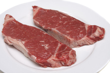 Two Strip Steaks on a White Plate