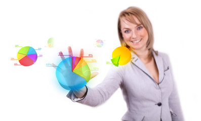 Businesswoman hand pressing pie chart button