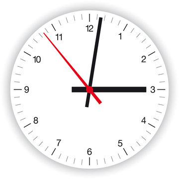 Illustration of a clock face, dial, as part of an analog clock, watch, with black and red pointers. Isolated on white background.
