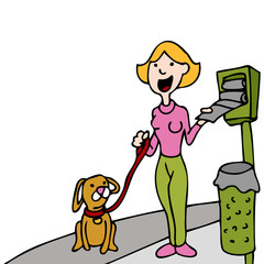 Using Pet Waste Bag Dispenser While Walking Dog