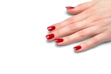 Beautiful hand with perfect nail red manicure and violet exotic