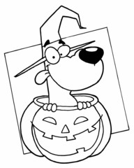 Outlined Mascot Cartoon Character Dog in Pumpkin