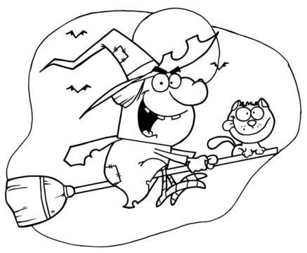 Outlined Mascot Cartoon Character Flying Cat and Witch