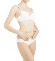 Slim female body in white underwear isolated on white background
