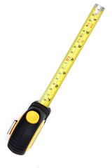 perspective of yellow measuring tape on white from top