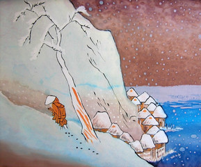 Japanese winter landscape with monk. Original painting.