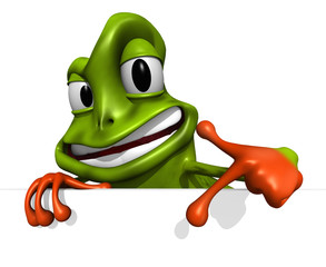 Naklejka premium mascotte grenouille qui montre un panneau