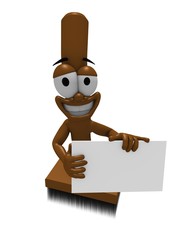 mascotte balai qui montre une carte de visite