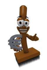 mascotte balai qui montre un symbole euro