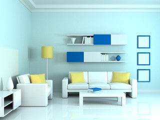 Interior of the modern room, blue wall and two white sofa